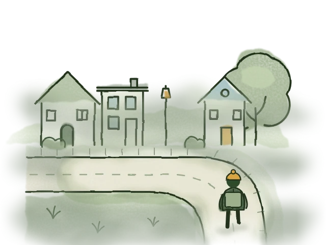 The same street corner, now clear, with houses, a lamp post and a tree.
