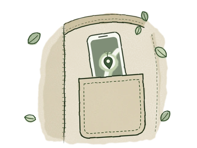 An illustrated explorer with a backpack setting off along a quiet street.